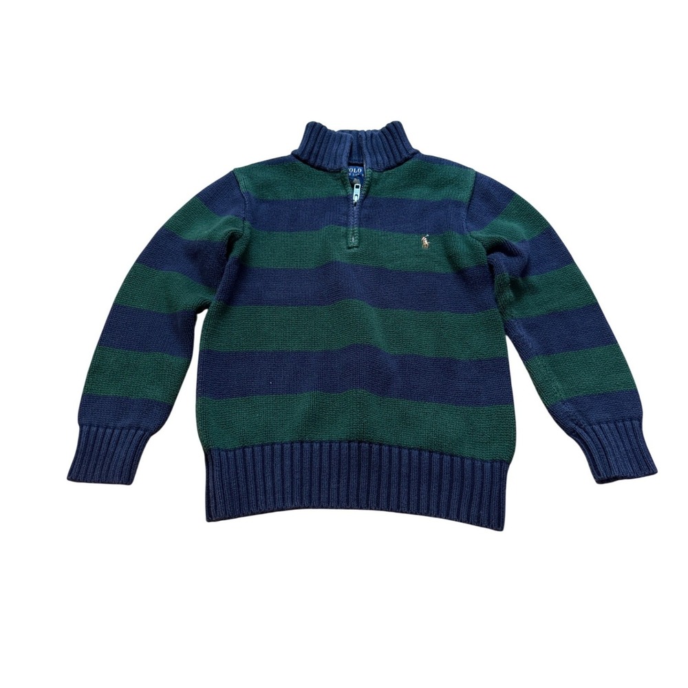Polo Ralph Lauren Quarter Zip Sweater Kids Green Navy Striped Good Cotton SIZE 7